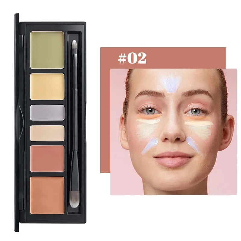 Paleta de corretivos de 6 cores com pincel, corretivo de longa duração, corretivos à cobertura total à prova d'água, corrects círculos escuros, marcas vermelhas